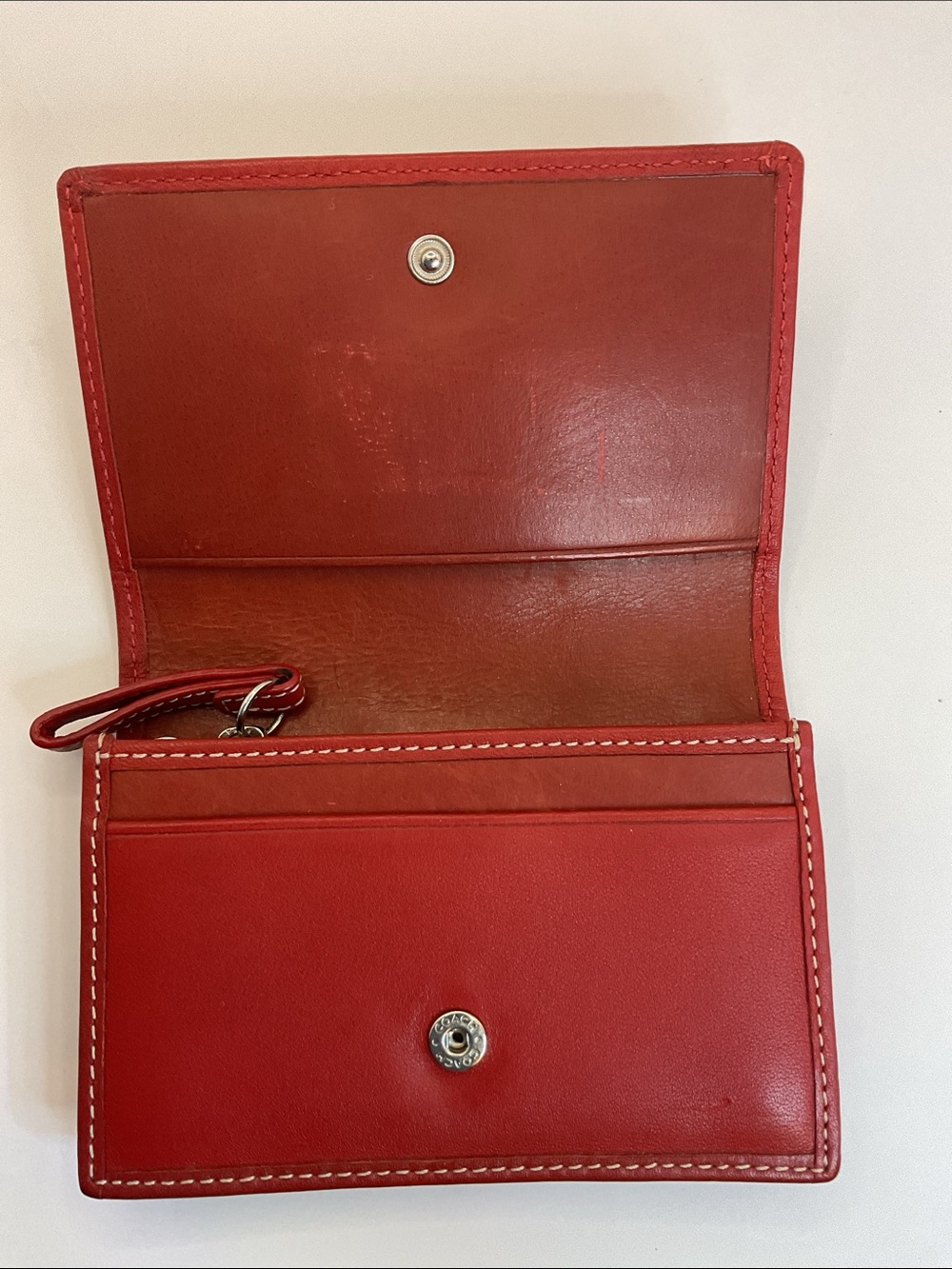 Coach Red Leather Trifold Wallet with Contrast Stitching - Picture 3 of 9